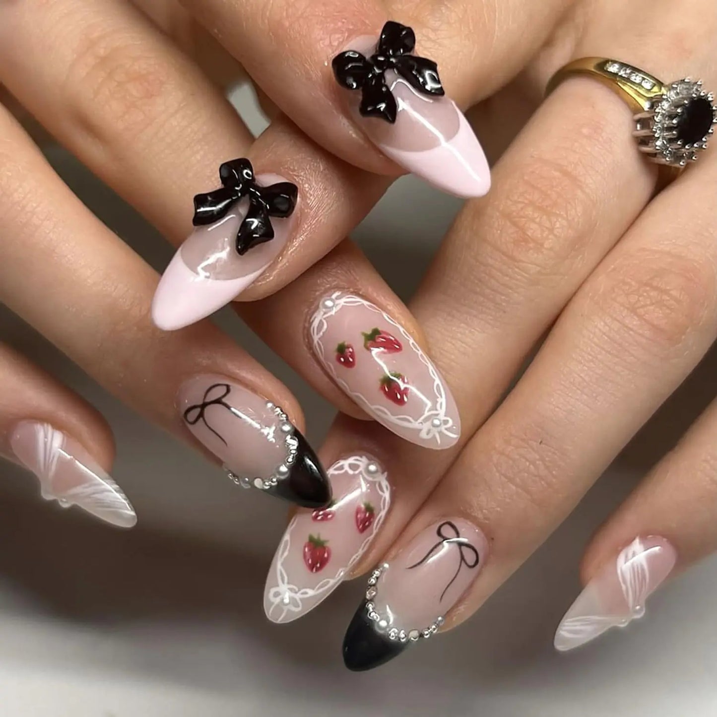 Black and White French Tip Press on Nails Medium Almond Fake Nails Bow & Peal Designs False Nails Strawberry Stick on Nails Full Cover Cute Nails Acrylic Nails Reusable Manicure for Women Girls 24Pcs