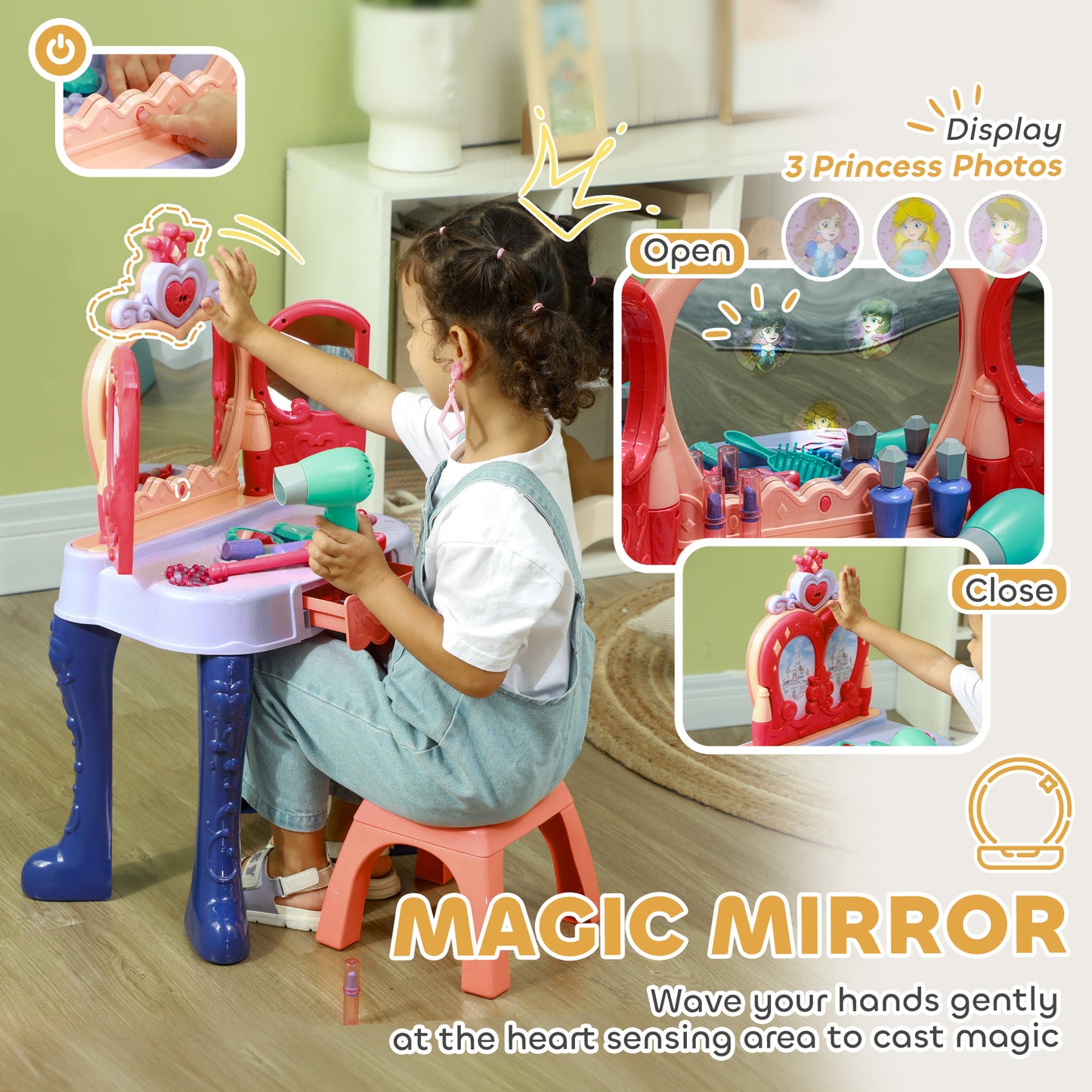 Kids Vanity Set with Mirror and Stool, Music, Light, Drawer, Hair Dryer, 20 Makeup Accessories, Multicolor