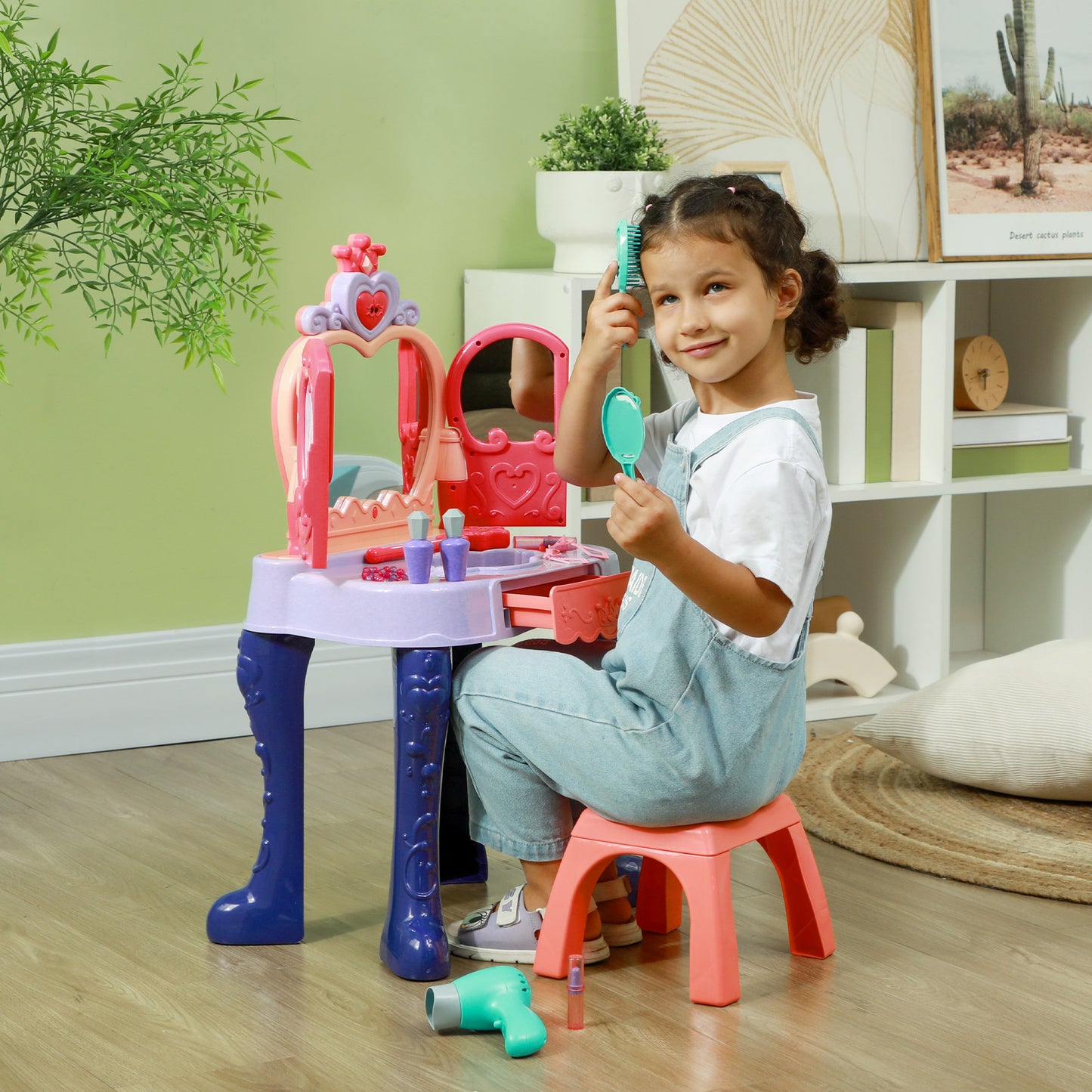 Kids Vanity Set with Mirror and Stool, Music, Light, Drawer, Hair Dryer, 20 Makeup Accessories, Multicolor