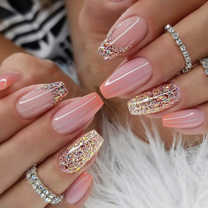 YoYoee Medium Coffin Press on Nails French Cute Gradient False Nails Acrylic Bling Fake Nails Reusable Nails Tips for Women and Girls 24PCS