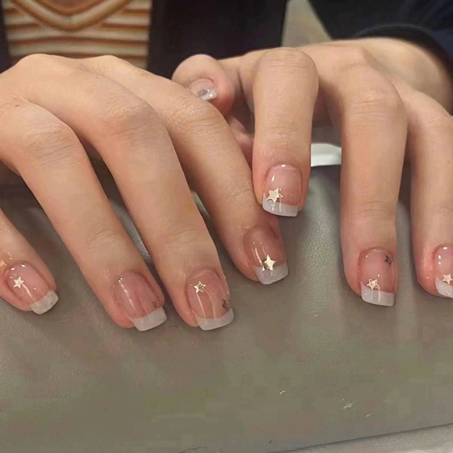 Press on Nails Short Acrylic False Nails French Gradient Stars Designs Nails Square Artificial Glossy Pink Nails for Women and Girls- 24 pcs