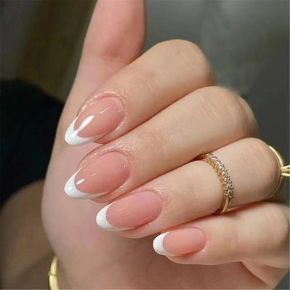 French Tip Press On Nails Almond Short Fake Nails with Glue False Nails Glue on Nails White Tips Stick on nails for Women and Girls
