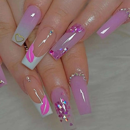 Gifiky Long Coffin False Nails French Press on Nails Gradient Nails Tips Acrylic Cute Swirl Fake Nails for Women and Girls 24Pcs