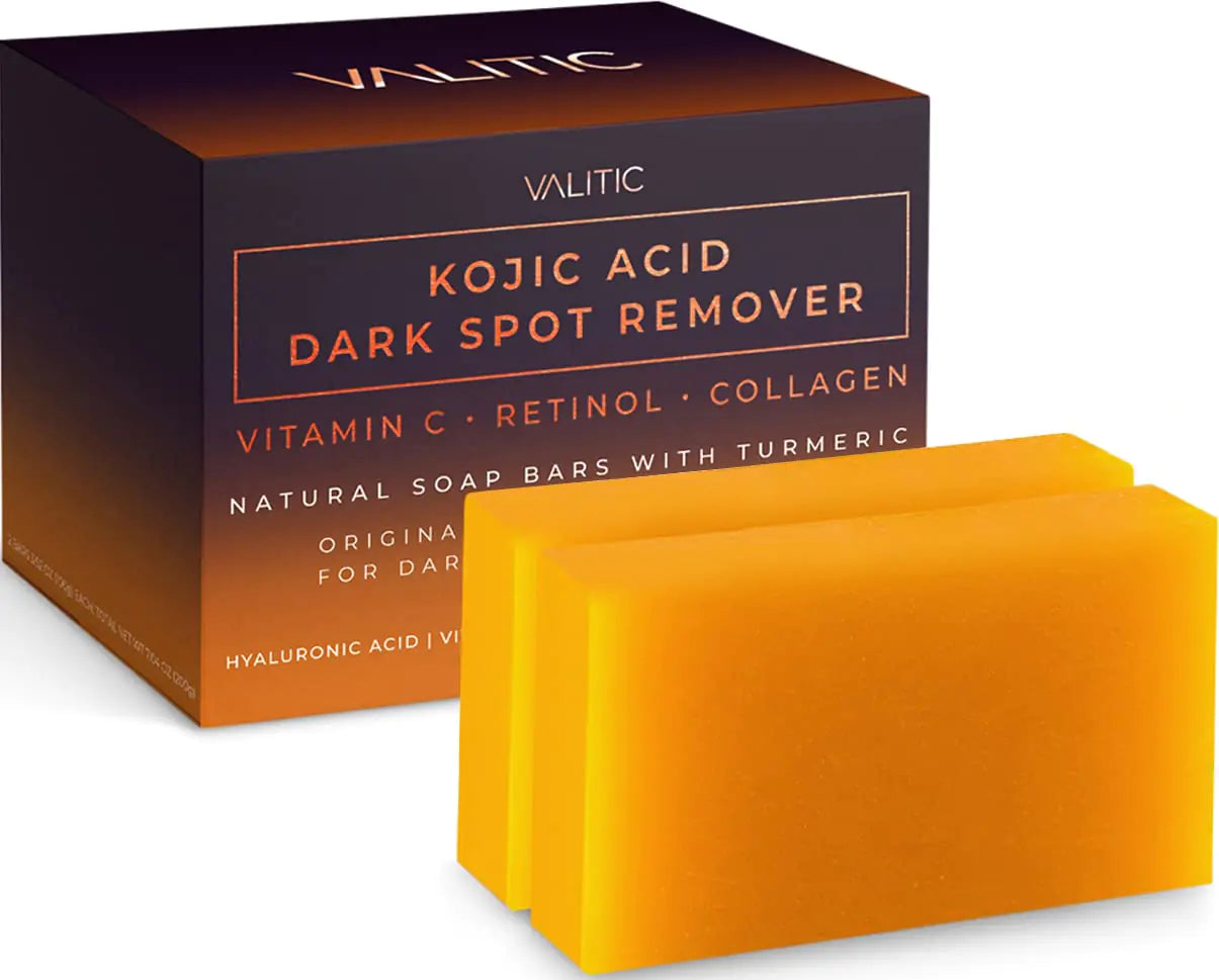 VALITIC Kojic Acid Dark Spot Remover Soap Bars with Vitamin C Retinol Collagen Turmeric - Original Japanese Complex Infused with Hyaluronic Acid Vitamin E Shea Butter Castile Olive Oil (2 Pack)