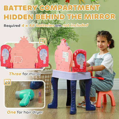 Kids Vanity Set with Mirror and Stool, Music, Light, Drawer, Hair Dryer, 20 Makeup Accessories, Multicolor
