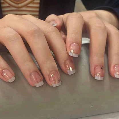 Press on Nails Short Acrylic False Nails French Gradient Stars Designs Nails Square Artificial Glossy Pink Nails for Women and Girls- 24 pcs