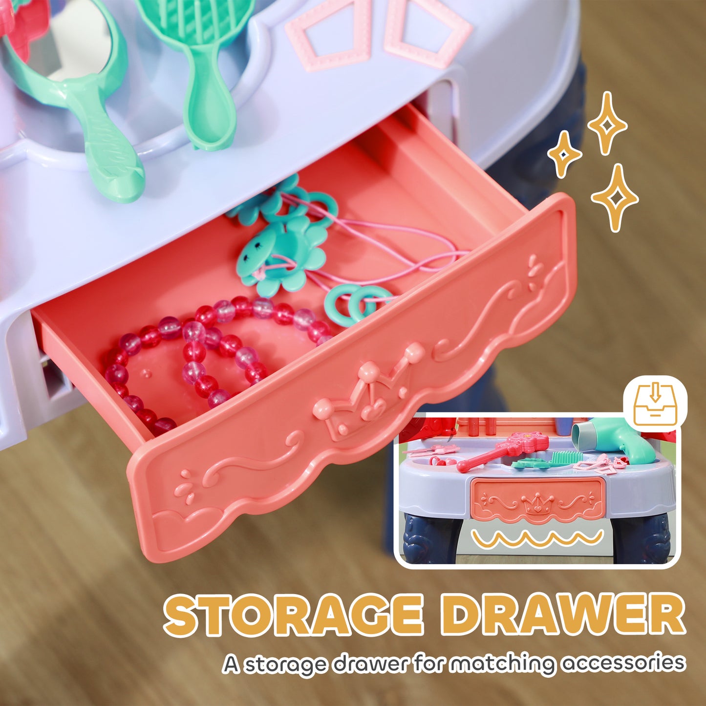 Kids Vanity Set with Mirror and Stool, Music, Light, Drawer, Hair Dryer, 20 Makeup Accessories, Multicolor