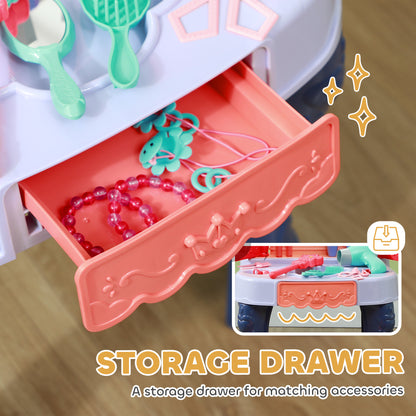 Kids Vanity Set with Mirror and Stool, Music, Light, Drawer, Hair Dryer, 20 Makeup Accessories, Multicolor