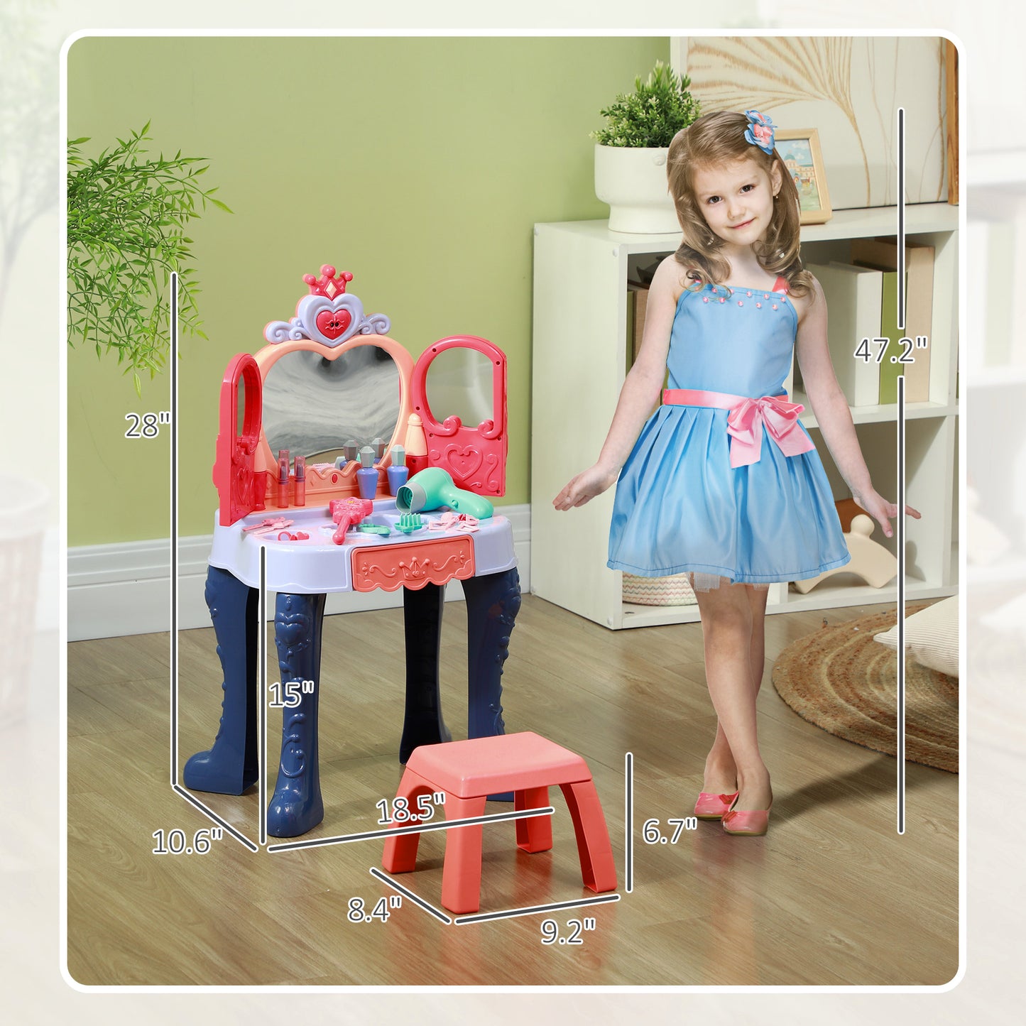 Kids Vanity Set with Mirror and Stool, Music, Light, Drawer, Hair Dryer, 20 Makeup Accessories, Multicolor