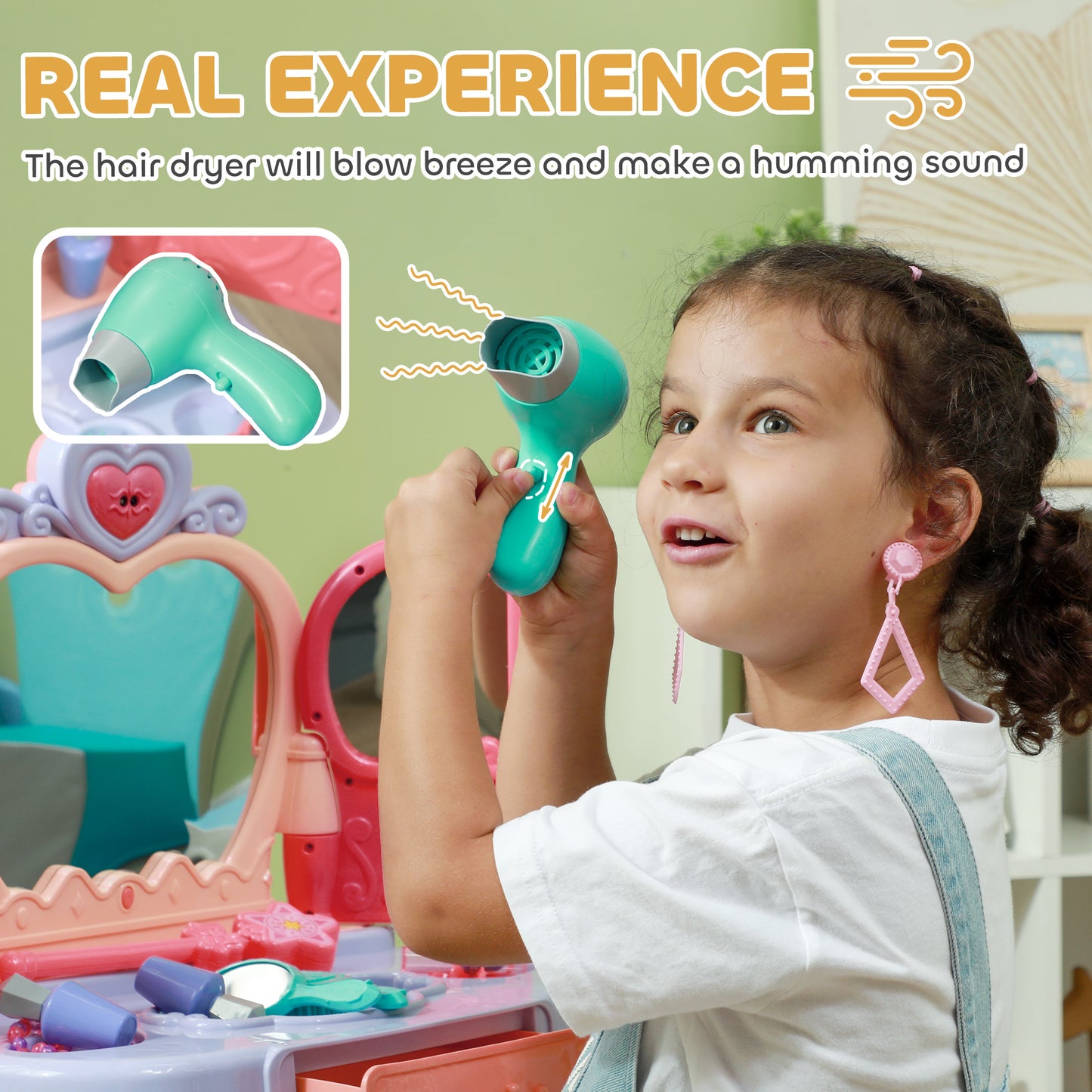 Kids Vanity Set with Mirror and Stool, Music, Light, Drawer, Hair Dryer, 20 Makeup Accessories, Multicolor