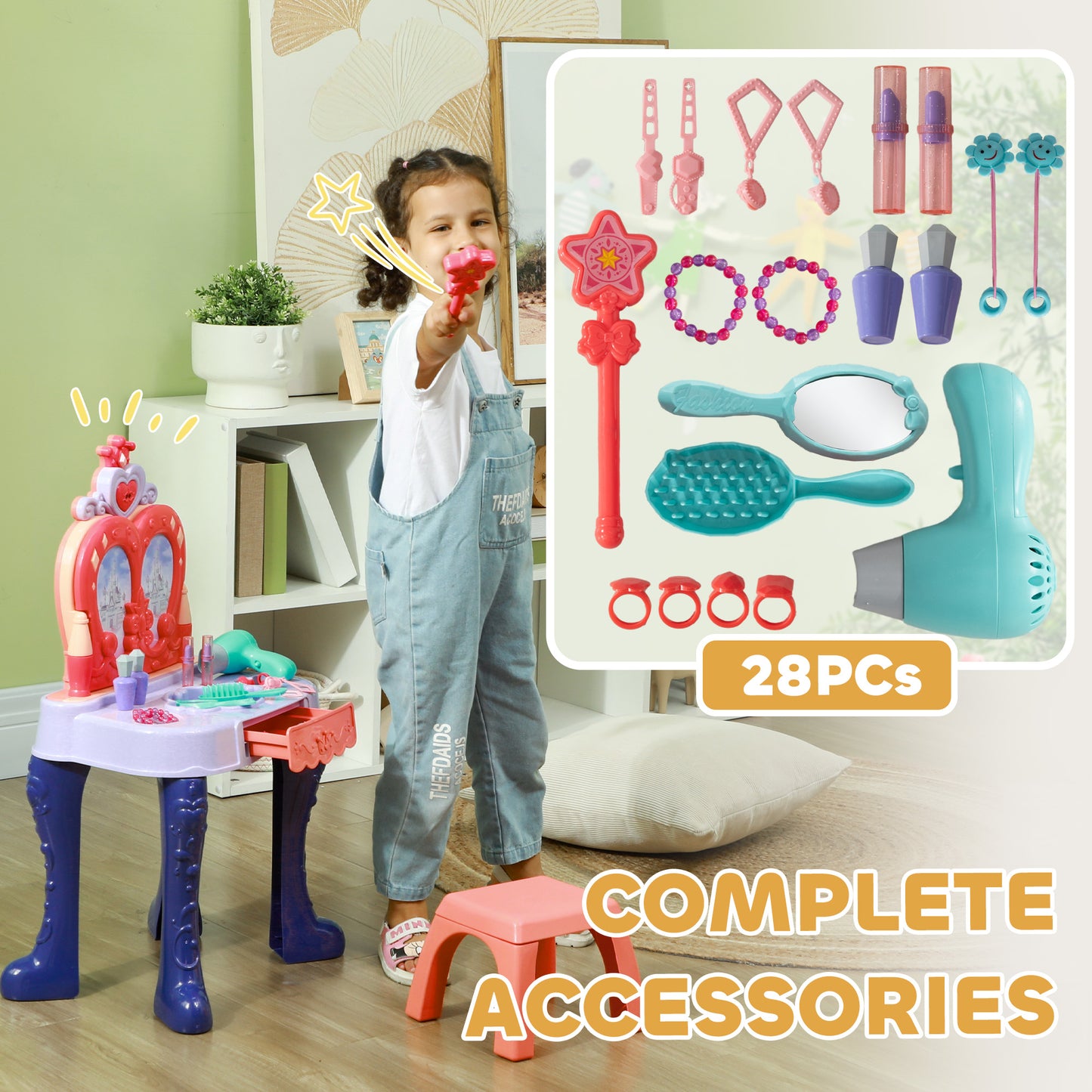 Kids Vanity Set with Mirror and Stool, Music, Light, Drawer, Hair Dryer, 20 Makeup Accessories, Multicolor