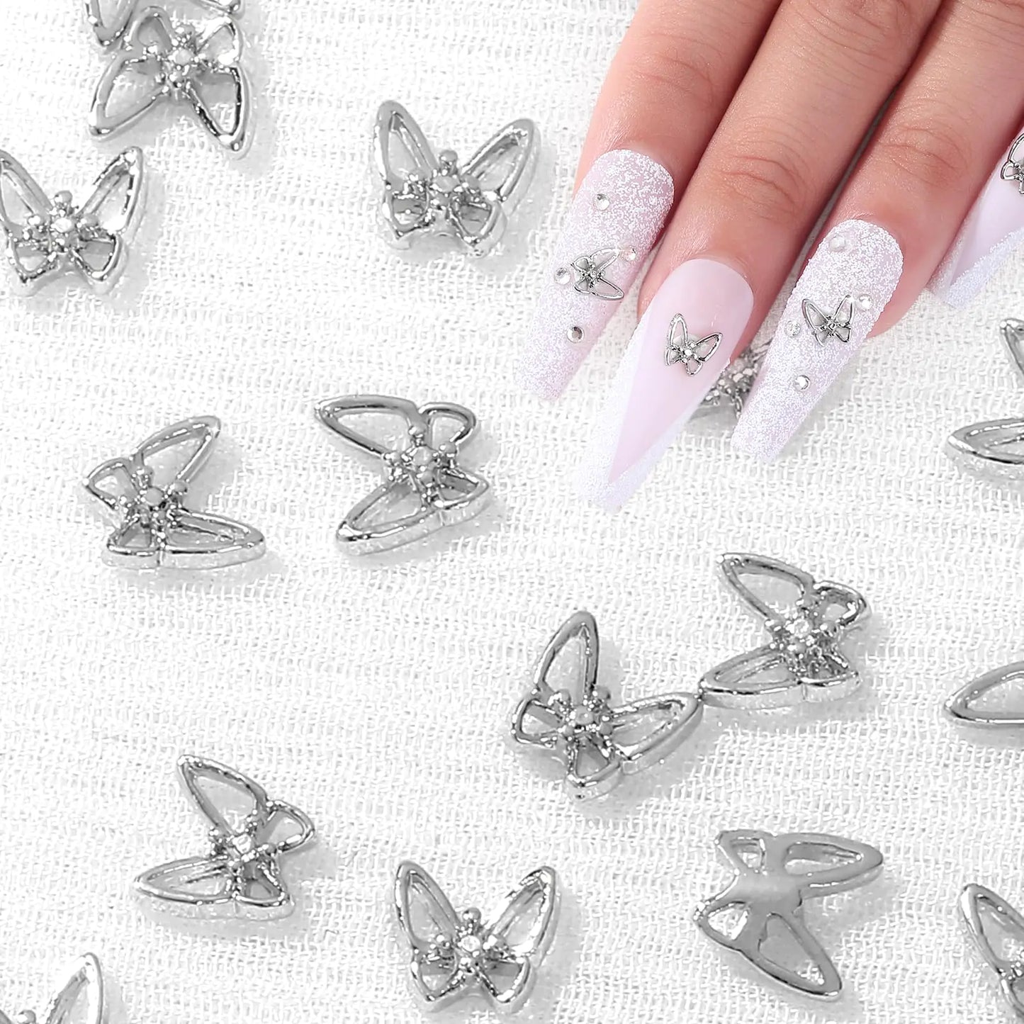 QPRETTY DU 3D Butterfly Nail Charms 100PCS Silver Metal Butterfly Nail and Gems Shiny Nails Art Decoration Supplies Accessories for Acrylic Nails DIY
